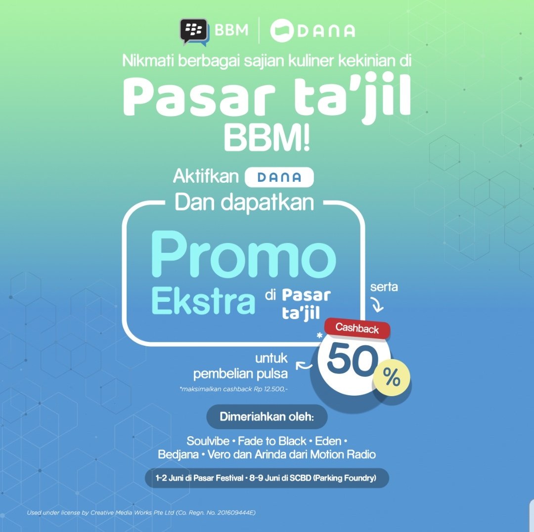 takdos's tweet image. Oh iya, di pasar ta'jil PasFest juga nanti bakal ada proml ekstra sama cashback 50% untuk pembelian pulsa. Daaaan, bakal banyak bintang tamu tentunya~ #barengBBM #DiscoverBBM