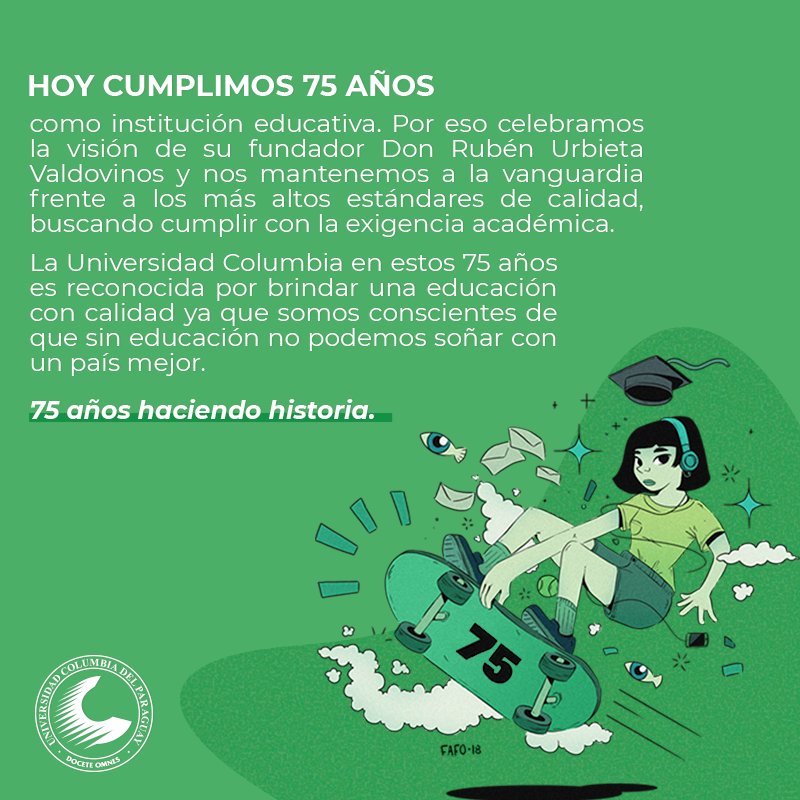 Tenemos el placer de que seas parte de esta historia que pocos pueden contar. Como universidad fuimos creciendo, innovando, creando y perfeccionandonos para así llegar a ser una de las mejores nuestro país. 🔝👌😎
✨¡Gracias por ser parte de la familia Columbia, feliz 75 años! ✨