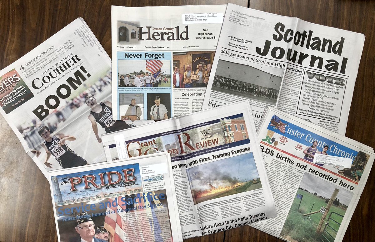 SD_NewsMedia's tweet photo. S.D.’s 114 weekly newspapers full of news and important information this week, including facsimile ballots for June 5 election, campaign ads, news about the election, graduations, state track meet, Memorial Day observances and more. Covering their communities. #sdfrontpages https://t.co/VwLacpEEtb