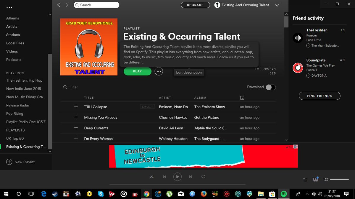 OccuringTalent's tweet photo. Existing And Occuring Playlist is live for 01/06/18
Over 120 songs from new #artists #pop #rnb #dnb #dubstep #country #tv #filmmusic #hiphop etc.

This is the most diverse #playlist on #spotify so get it into your lifes.
Please RT, Like post here first
https://t.co/yUuch2xw19 https://t.co/dusstOW3H8