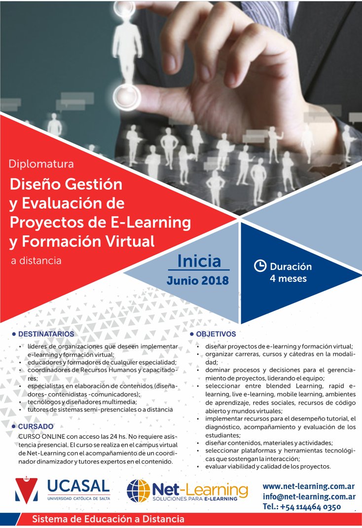 netlearning20's tweet image. Aprende a crear y gestionar proyectos de e-Learning y #educación virtual. Diplomatura 100% online certificada por la Universidad Católica de Salta. Inicia el 26-6. ¡Inscríbete aquí! ➨ ow.ly/1EsF30k7VtY #formación