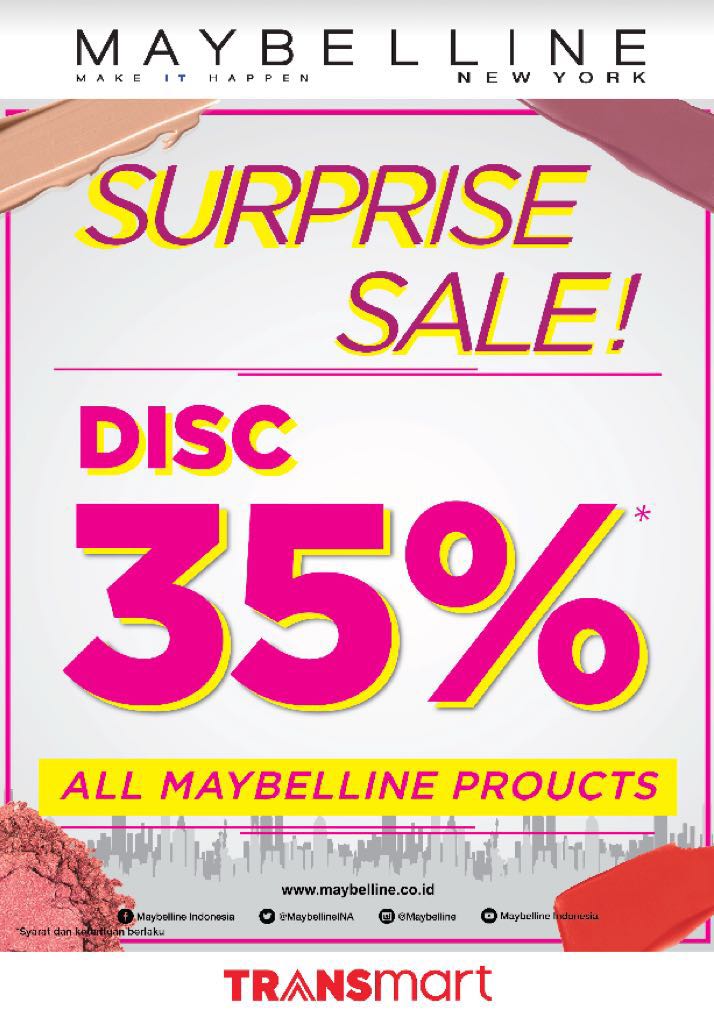 Transmart_IND's tweet photo. SURPRISE SALE! Cuma HARI INI, DISKON 35% seluruh produk @MaybellineINA di Transmart Dept. Store. Yuk, segera mention temanmu dan ajak kejar diskonan!
Periode promo: 2 Juni 2018. Lihat gerai Transmart Dept. Store di https://t.co/bt6LfCsz6y #TransmartDeptStore #MaybellineIndonesia https://t.co/ck5wqOfPd7