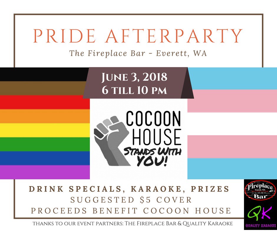 Cocoon_House's tweet photo. After @SnoHomoPride on Sunday, come party with us at The Fireplace Bar in Everett as we sing Karaoke with and celebrate #PrideMonth #Pride2018 https://t.co/9I9r4n4sHJ