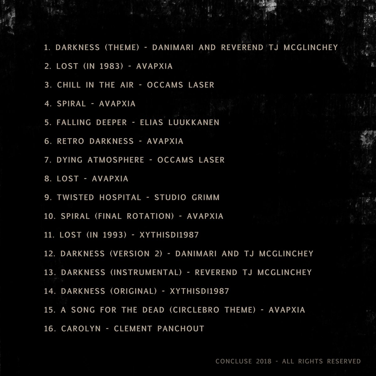 concluse_dev's tweet photo. Announcing the Official CONCLUSE Soundtrack! Featuring music by @occamslaser @primitiveheart_ #TJMcGlinchey #avapxia @ClementPanchout @eluukkanen @MerkRevenge_GD #Concluse For info on downloading or pre-ordering head to the steam page: https://t.co/SERhQMYjV7

#gamedev #steam https://t.co/eFM7peIWSW