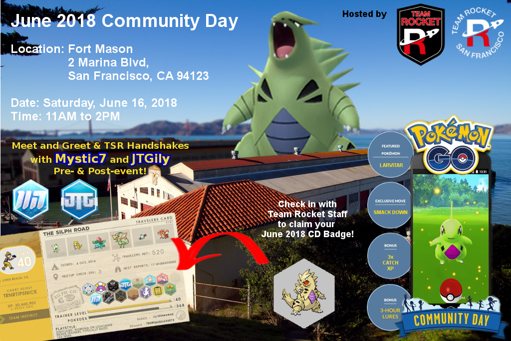 TeamRocketBA's tweet photo. #TeamRocketBA will be hosting June 16 Larvitar #PokemonGOCommunityDay at Fort Mason, SF, 11AM-2PM. Meet/greet @MYSTIC7 @OfficialJTGily ! Our #TeamRocketCD Event Staff will help check you in for the Shiny Tyranitar @TheSilphRoad badge! 😉 Good luck shiny TarTar Sauce hunting! 😁 https://t.co/lOJGedrKS6