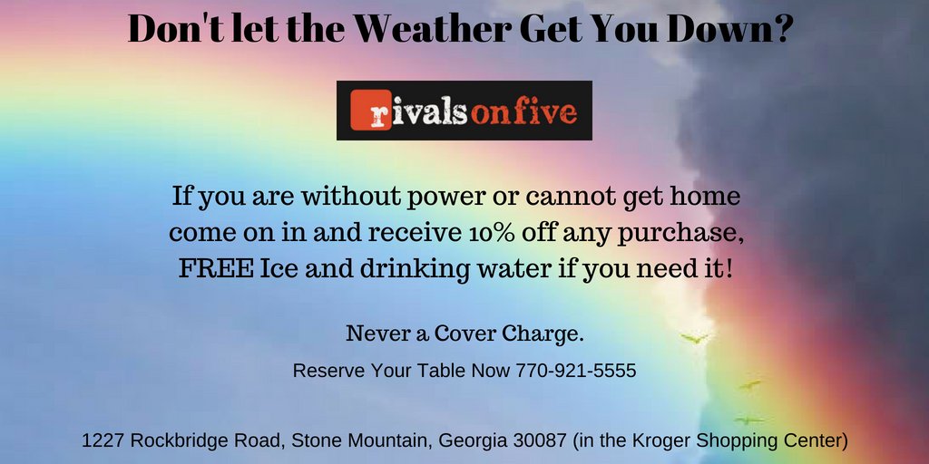Rivals1227's tweet photo. Caught in the storms?  Come on over to Rivals for FREE ice and drinking water and 10% off any purchase if you mention this post tonight!  It's dry inside and we have plenty of power for charging devices, great food, friendly service and amazing cocktails!  Game On. https://t.co/XVejFIQsUx