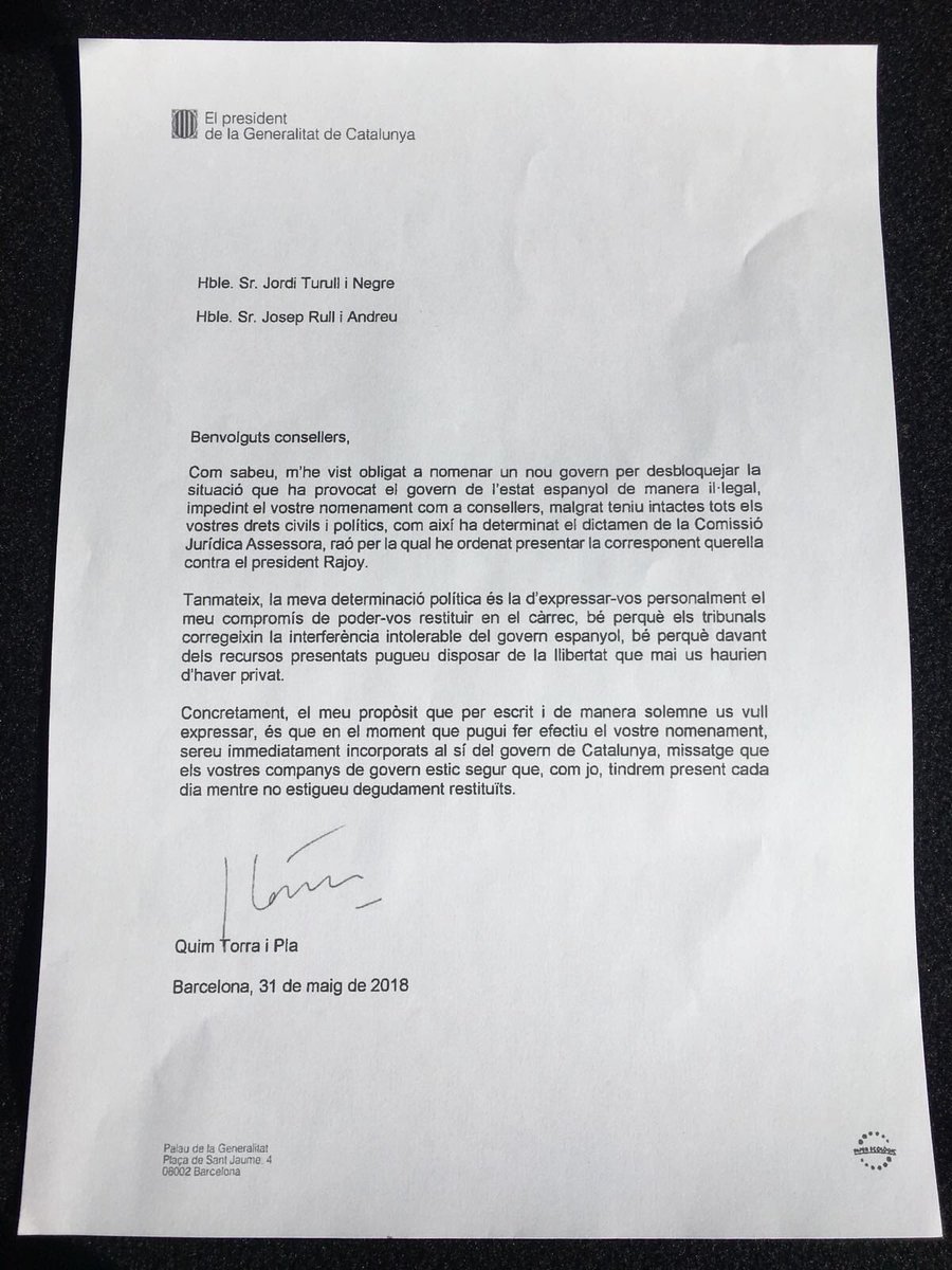 jorditurull's tweet photo. Gràcies president @QuimTorraiPla per la teva carta i pel teu compromís de restitució. Ja saps que per nosaltres no quedarà. Com més grans i evidents són les seves injustícies, més fermes són les nostres conviccions i el nostre compromís amb la voluntat del poble de Catalunya https://t.co/45FAh4R7kD