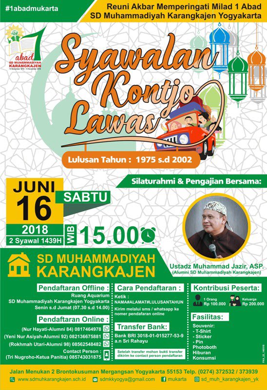 Assalammu'alaikum Warahmatullahi Wabarokatuh 
Mengundang Bapak2 Ibu2 Mas2  Mbak2 alumni SD Muhammadiyah Karangkajen #Yogyakarta dalam acara Reuni Akbar 1 Abad SD Mukarta #Jogja tgl 16 Juni / 2 Syawal. Jazakimullahu khair. #1abadMukarta
