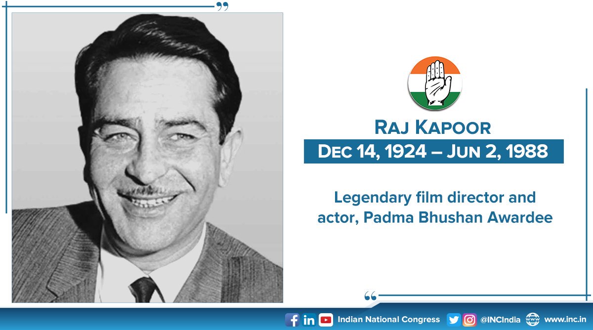 INCIndia's tweet photo. We remember Raj Kapoor, 'the greatest showman of Hindi cinema' on his death anniversary. He won 3 National Awards, 11 Filmfare trophies, Padma Bhushan and Dadasaheb Phalke Honours. https://t.co/1PJ6q5hmHt