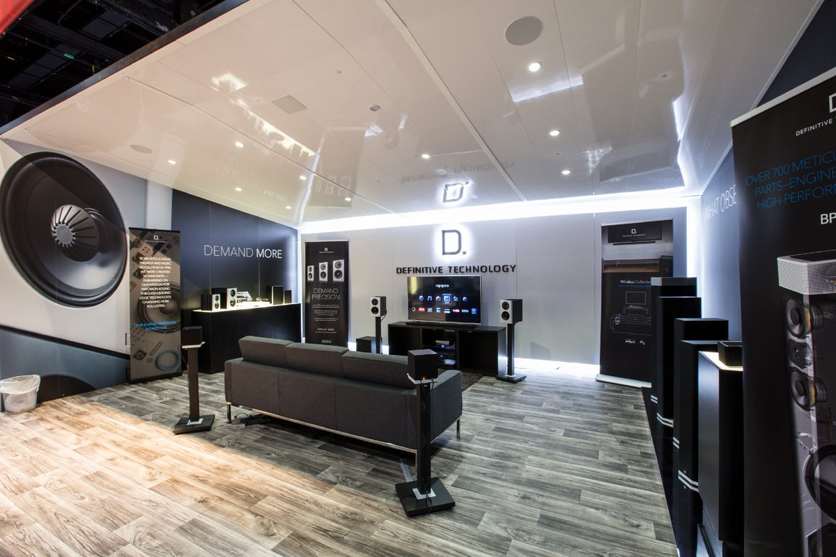 DefinitiveTech's tweet photo. #FlashbackFriday to our beautiful set up at #CEDIA2017, where we first introduced the Demand Series bookshelf speakers. Check out our full booth for all things @definitivetech! #audiophile #speakerheaven https://t.co/A4XzI8N528