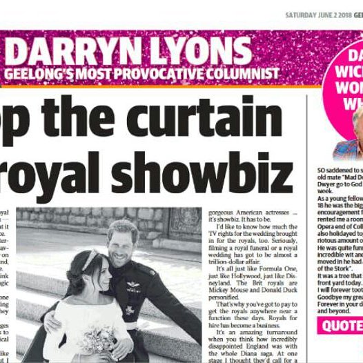 DarrynLyons's tweet photo. Read all about it my take on the #royalwedding2018 @geelongaddy all weekend instore and online #livelovegeelong #lyonsview https://t.co/tw7oEBpzW1