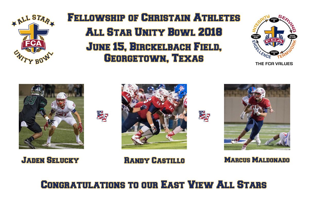 EVFBBoosters's tweet photo. Congratulations to our East View football players chosen to play in this year's Fellowship of Christian Athletes All Star Unity Bowl on June 15th at GISD Stadium. https://t.co/3FiWWQ1iu3
