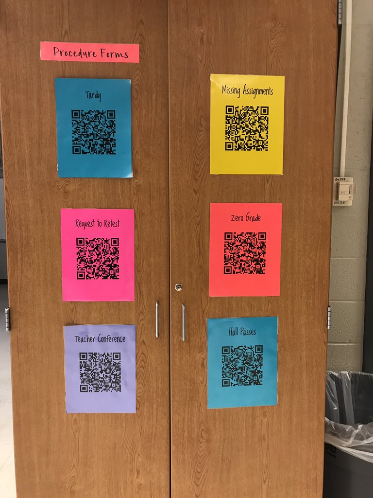 teacher2teacher's tweet photo. T @MrsFleuryJHS brings #edtech to teaching classroom procedures: Each QR code links to a Google Form for Ss! https://t.co/nLh5zfteUR