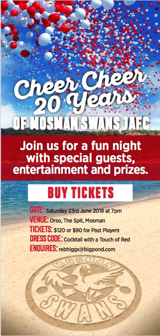mosmanswans's tweet photo. In three weeks the Mosman Swans celebrate their 20th birthday. 
To all our parents and players, present and past, thanks for being part of this incredible movement, join us for a fabulous night with live music and celebrity appearances! Book here https://t.co/JgMUM5qYEt https://t.co/L0h2oN2M1n