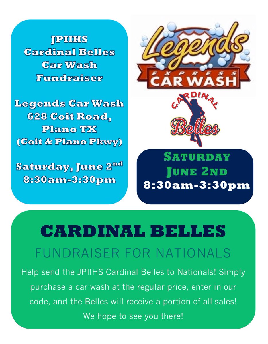 Don’t miss the belles car wash from 8:30-3:30 tomorrow at legends by jpii!! start off summer with a clean car AND support the regional, state, and national champion Cardinal Belles!!