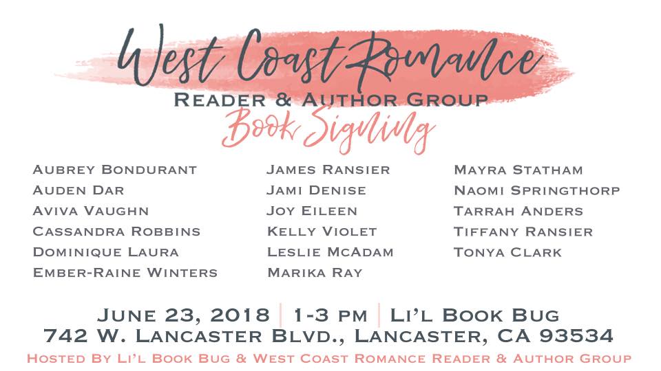 The West Coast Romance Reader &amp; Author event is a FREE signing in SoCal with giveaways &amp; fabulous authors! Follow the links for more!
LINK TO PREREGISTER: westcoastromance.eventbrite.com
LINK TO EVENT PAGE ON FACEBOOK: tinyurl.com/wcromance