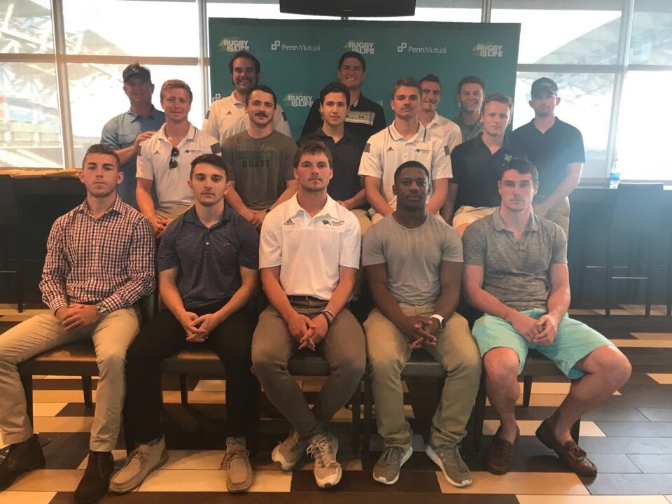 EcRugby's tweet photo. Day 1 of the Penn Mutual CRC/NSCRO 7’s National Tournament consisted of a Welcome Reception at Talen Energy Stadium. During the reception Marc Lerebours (middle) was honored as a nominee for the Penn Mutual Life of Significance Award. https://t.co/tBirWOAlas