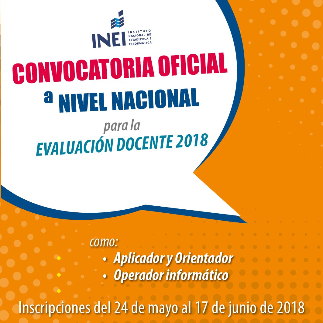 INEI_oficial's tweet photo. 🗣️Convocatoria de personal para los Proyecto de Evaluación Docente 2018 – EDAA 2018 
☝️Aplicador y Orientador 👉https://t.co/UMIXlIS4re
☝️Operador Informático 👉https://t.co/cJvcJVNiJQ
✍️Inscríbete hasta el 🗓️domingo 17 de junio de 2018 https://t.co/KjV3PICmAZ