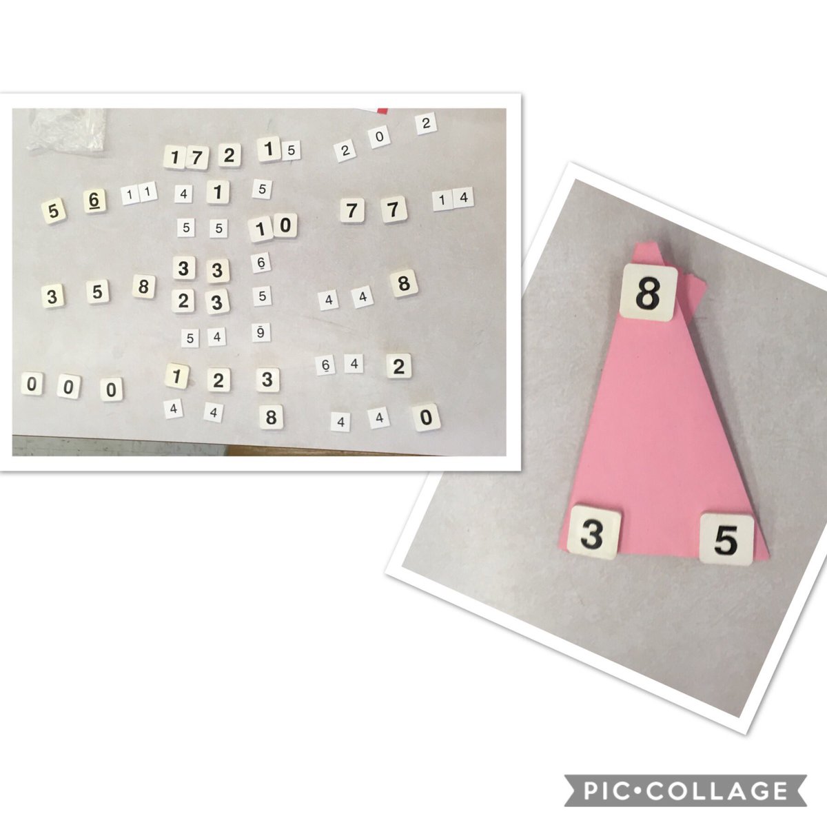 A student created the number combinations on the left during free play today. I introduced a fact family triangle and encouraged her to try it out with other combinations. 😊
