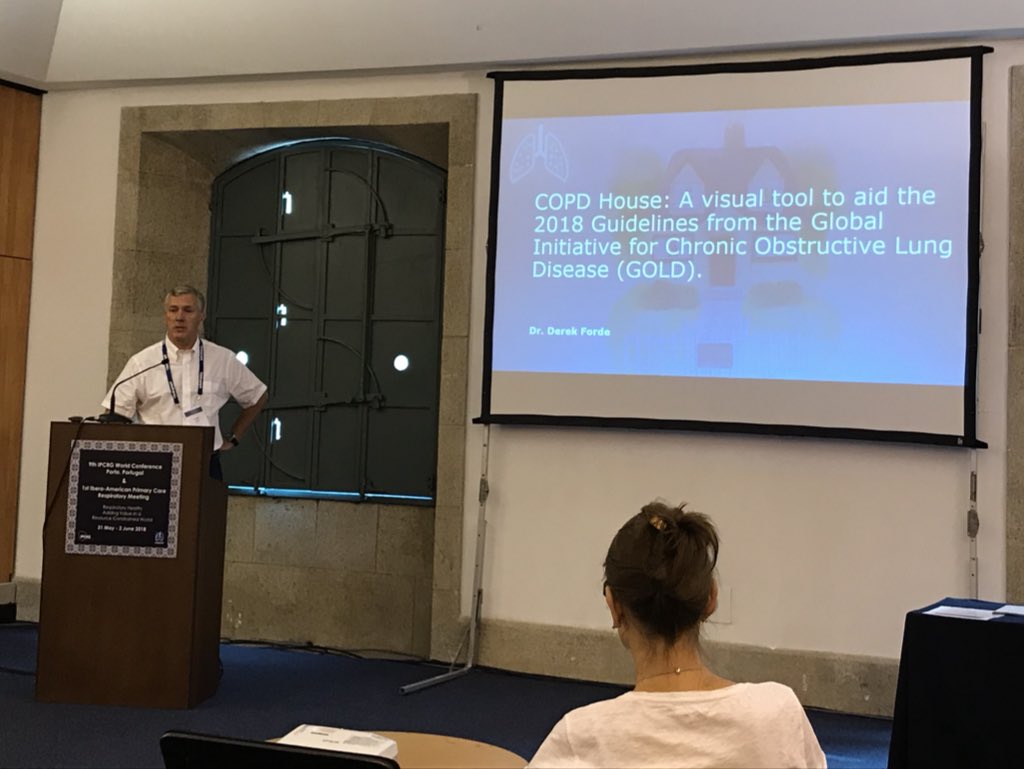 PCRS_Ire's tweet photo. Excellent start to the educational session this morning @IPCRG2018 

@PCRG_Ire chairman @Derekforde2 presenting his educational tool with the #COPD house and #nosteroidsdownstairs in patients with COPD A &amp; B.

#PORTO2018 #QuitSmoking #lunghealth https://t.co/ha8dnFWJGr