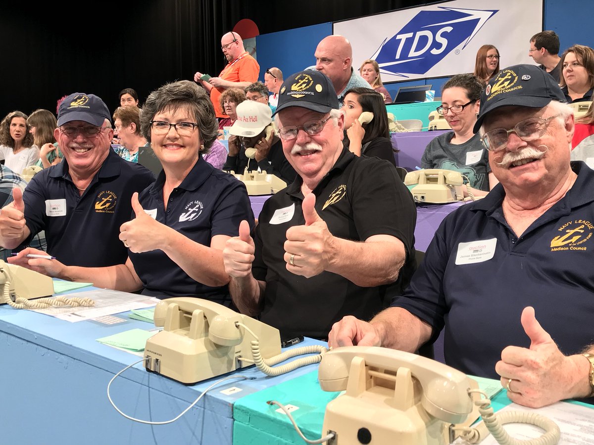 PBSWI's tweet photo. We asked our volunteers from the Madison Navy League if they were having a great time and they gave us the thumbs up. Thanks for@coming to #WPTAuction ! https://t.co/7K6pZoHK8P