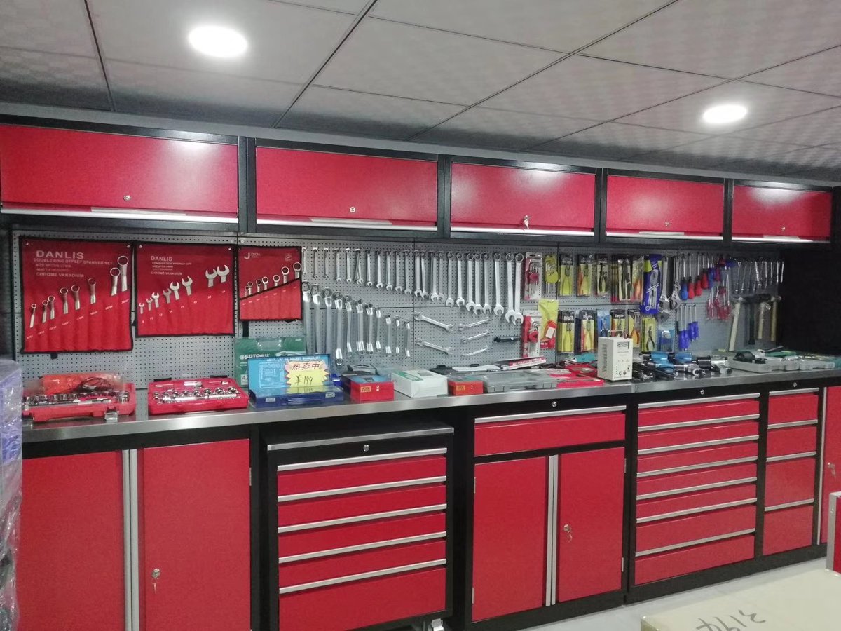 Red color garage cabinets