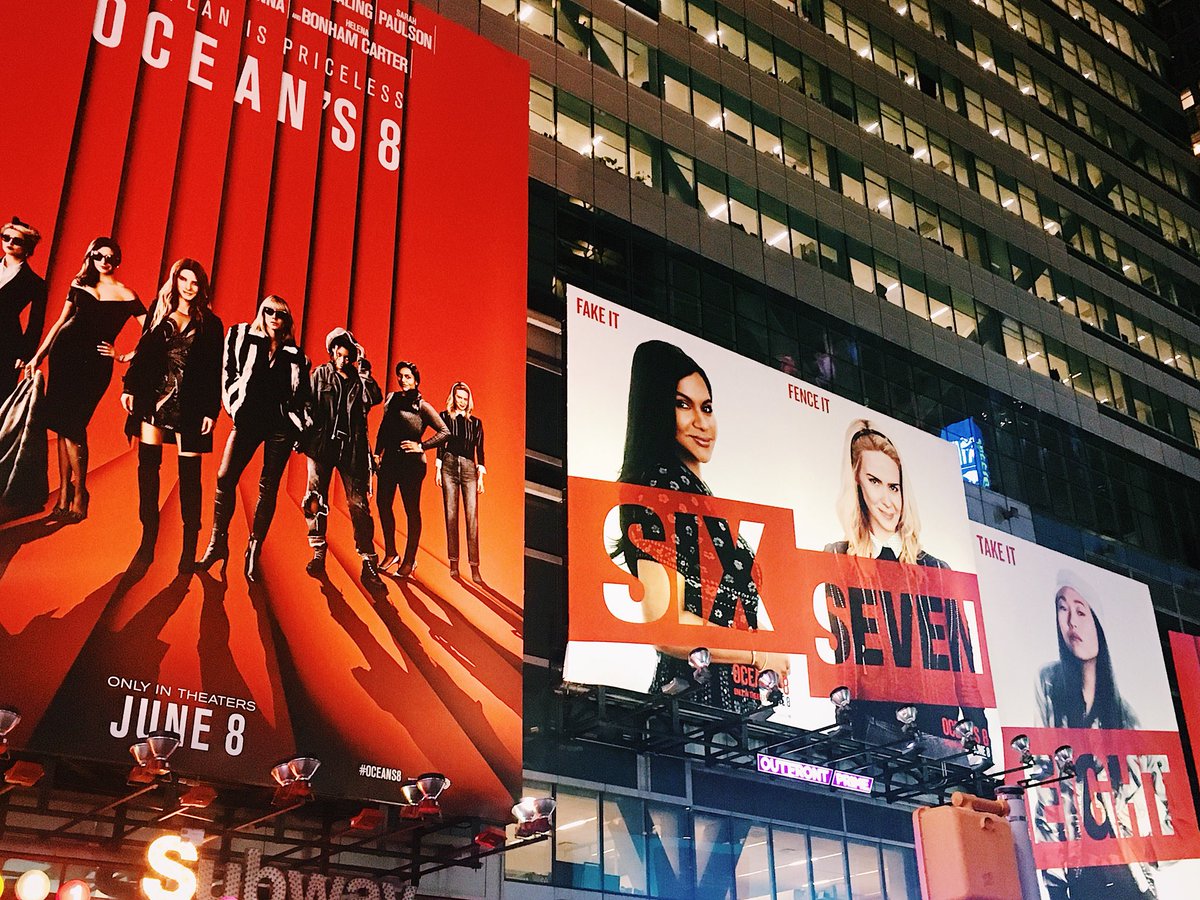 Wagglet3's tweet photo. When you almost lose your friend in Times Square (with no cell service and a dwindling battery) because you’re busy taking a photo of @mindykaling’s billboard 😅 #Oceans8 https://t.co/zLGztMKk3n