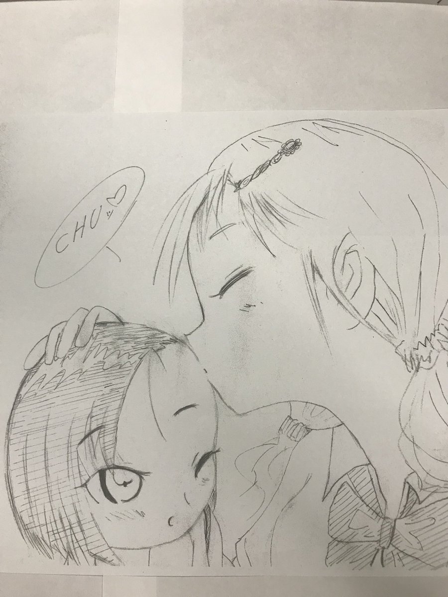 豆大福 Ar Twitter イラスト描きました おねロリ百合イラストです ホームステイに来た外国の留学生と ホームステイ先の小学生の娘という設定です いってきますのちゅー イラスト アナログ絵 モノクロ絵 創作百合 百合 おねロリ イラスト好きな人と