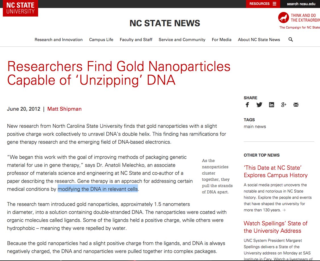 Related above vid: Research from NC State University shows that gold nanoparticles w/ a slight positive charge work collectively to unravel DNA. This finding has ramifications for gene therapy research & the emerging field of DNA-based electronics. @POTUS  #QAnon  #QArmy  #QAnonDNA