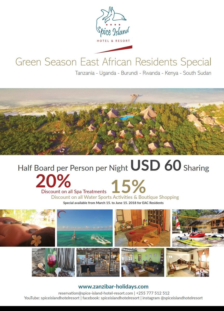 FasMagazine's tweet image. Getaway to #Zanzibar!
Green Season East African Resident Special! Half board per person per night only $60 at @spiceislandhotelresort. Valid until June 15, 2018.