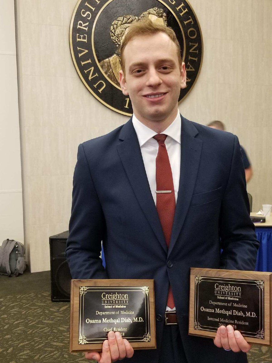 IMCreighton's tweet photo. Here comes Osama, Our precious, intelligent chief resident and a man with a remedy for anything. Will be continuing his bright future training as a Hem-Onc fellow at Kansas University! 
All the best Osama!

#CreightonIMGraduation 
#IMCreighton https://t.co/TQVJZwmknG