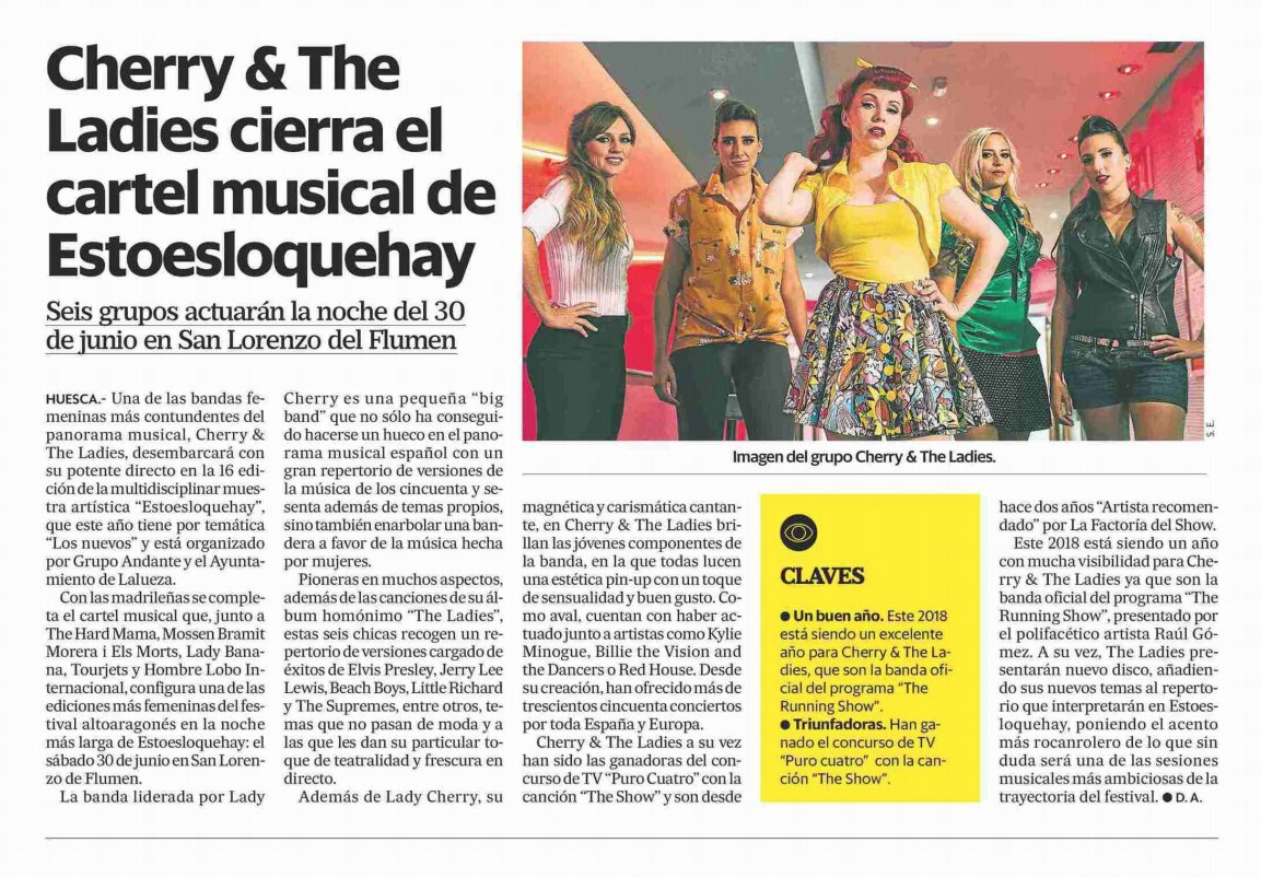 ¡Hoy @TheLadiess con @SoyLadyCherry a la cabeza en el <a href="/altoaragon/">Diario del Altoaragón</a>! La banda residente de Running Show, el programa de @cero nos transportará en su DeLorean musical al swing y al rock&amp;roll de los 50 y 60. ¡La cita, el 30 de junio en los #Monegros, en el #Festival #Estoesloquehay!