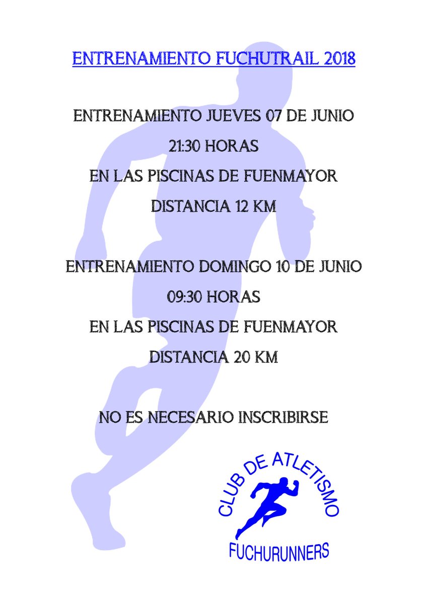 Te proponemos unos entrenamientos para conocer el recorrido de la FuchuTrail o simplemente para entrenar. Te esperamos!! <a href="/FuchuRunners/">FuchuRunners</a> <a href="/AytoFuenmayor/">Ayto de Fuenmayor</a> <a href="/NutriumPFG/">Nutrium, Dietistas - Nutricionistas</a> <a href="/sportevento/">SPORTEVENTO.com</a> <a href="/DominioNobleza/">Dominio de Nobleza</a>