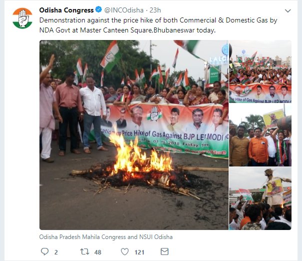 rachitseth's tweet photo. For those who are saying that @INCIndia is NOT on streets protesting against Rising Petrol-Diesel and LPG prices must see some of these images of the protests #CutFuelTaxes 1/ https://t.co/IlXxX7sgG6