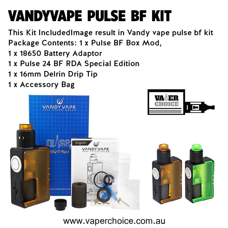 VaperChoice's tweet image. The Vandyvape Pulse BF Kit comes with the Pulse BF Squonk Box Mod (unregulated) and the 24mm Radar BF dripper.

vaperchoice.com.au