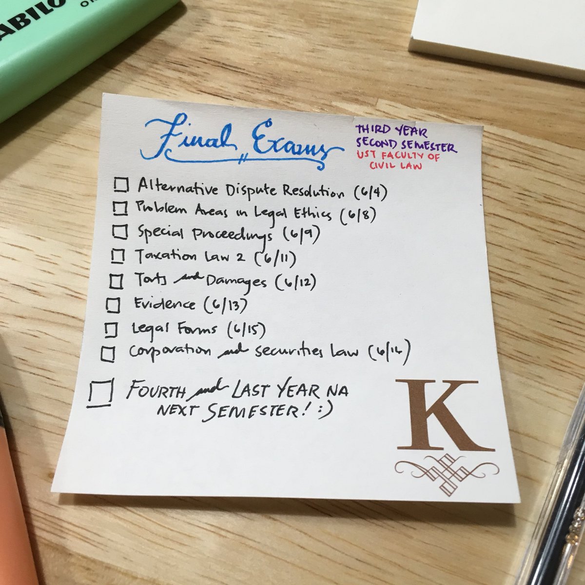 theklmanuel's tweet photo. I’m starting my semestral Twitter tradition of having my Final Exams countdown! Please let me hurdle my third year in law school! #2018Strong 💛 https://t.co/p3g7VzeRIt
