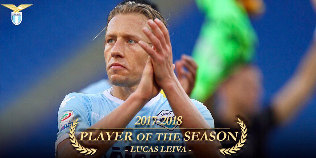 OfficialSSLazio's tweet photo. Per l’annata 2017-2018, è @LucasLeiva87 il ‘Player of the Season’ 🏆

🙌🙌 Complimenti!! https://t.co/617bGgL1KC