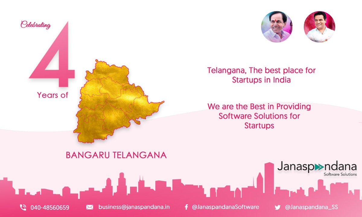 Janaspandana_SS's tweet photo. Today marks the 4th anniversary of the inception of a young, startup-friendly best state in India. We @Janaspandana_SS wish all the people in Telangana a Happy Telangana Formation Day.
@KTRTRS @MinIT_Telangana #TelanganaFormationDay #KTR #KCR #june22018 #startupindia https://t.co/vKucXnTMNa