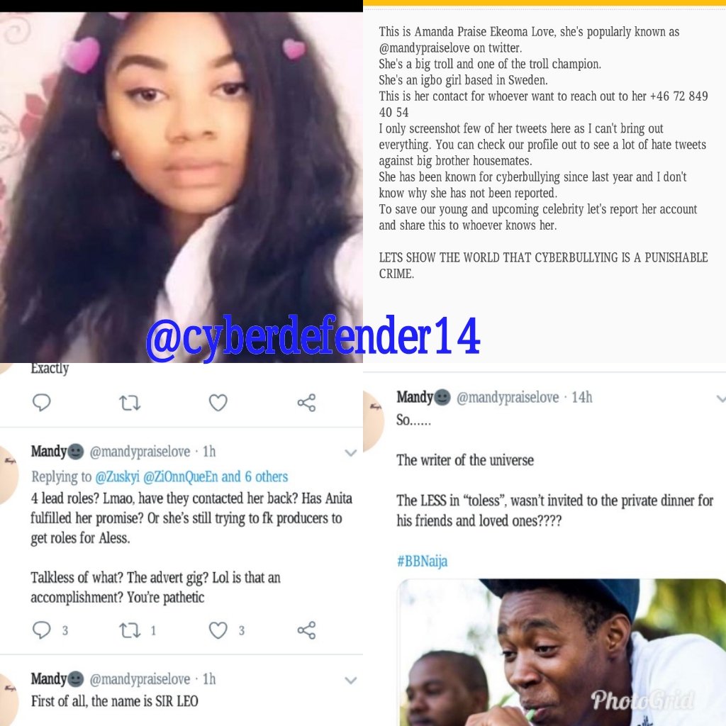 cyberdefender14's tweet photo. This is Amanda praise Uba also known as #mandypraiselove on twitter &amp; #cece_hive on IG
It has been brought to our notice that she trolls &amp; cyber bully #bbnaija housemates
Report her account to stop cyberbullying
RT this till it gets to the right channel
SAY NO TO CYBERBULLYING https://t.co/xjvsKyiwCE