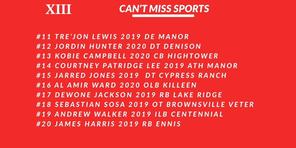cantmisssports1's tweet photo. **College Coaches Take Notice** Counting Down The Top 50 **TEXAS **
Under The Radar 2019 & 2020 Player Rankings (No Offers)
@trejonlewis7 @jordin_h903 @KobieCampbell01 @D1bound_cplj @JarredJones94 @ward1918 @DewoneKi @Sebsosa62 @itsAndrewDub @kkingjamess1 https://t.co/PVTDDdrpLW