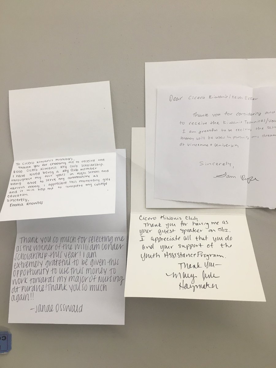 HHSCSupt's tweet photo. This is what gratitude looks like. Cicero Kiwanis received these thank you notes from @hhhshuskies Cicero Kiwanis Scholarship winners and @hhschuskies  Youth Assistance.  Saying thank you matters. #GreatKidsDoingGreatThings ! https://t.co/ZQI5WcEfzu