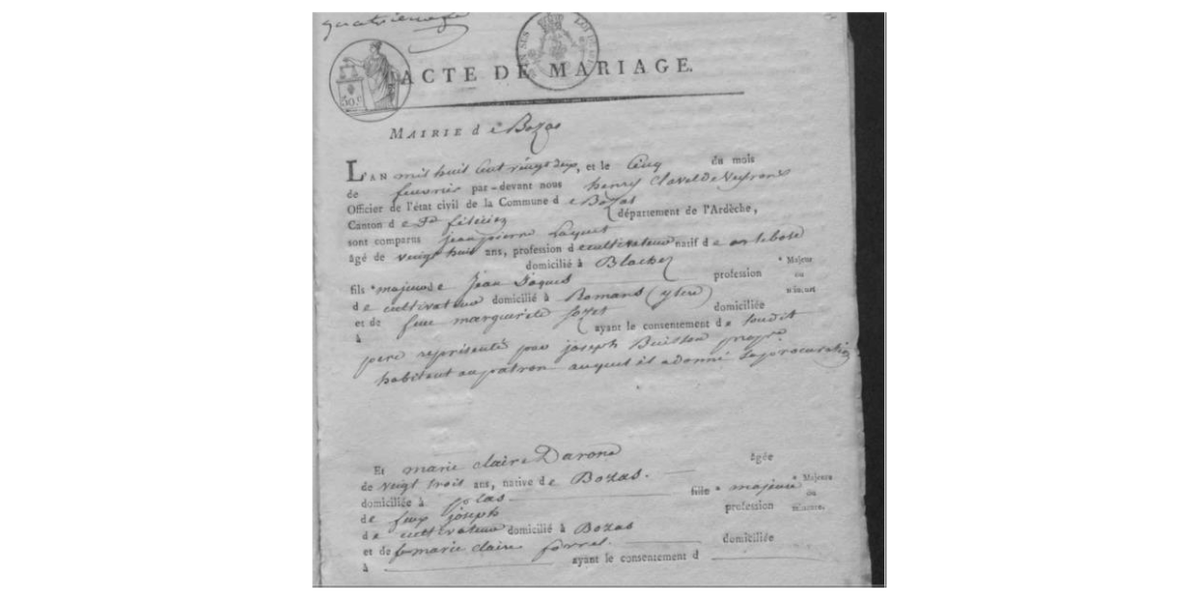 LDGenealogie's tweet photo. #1J1Ancêtre Ce jour du 2/06/1866 est décédé à Arlebosc (07) mon #AAAAGP #LAQUET Jean Pierre. Le 5/02/1822 il avait épousé à Bozas #DARONNAT Marie Claire fille de feu Joseph &amp; #FOREL Marie Claire décédée en mettant au monde des jumeaux en 1803 morts quelques jours après 😢 https://t.co/zSnRppG7PE