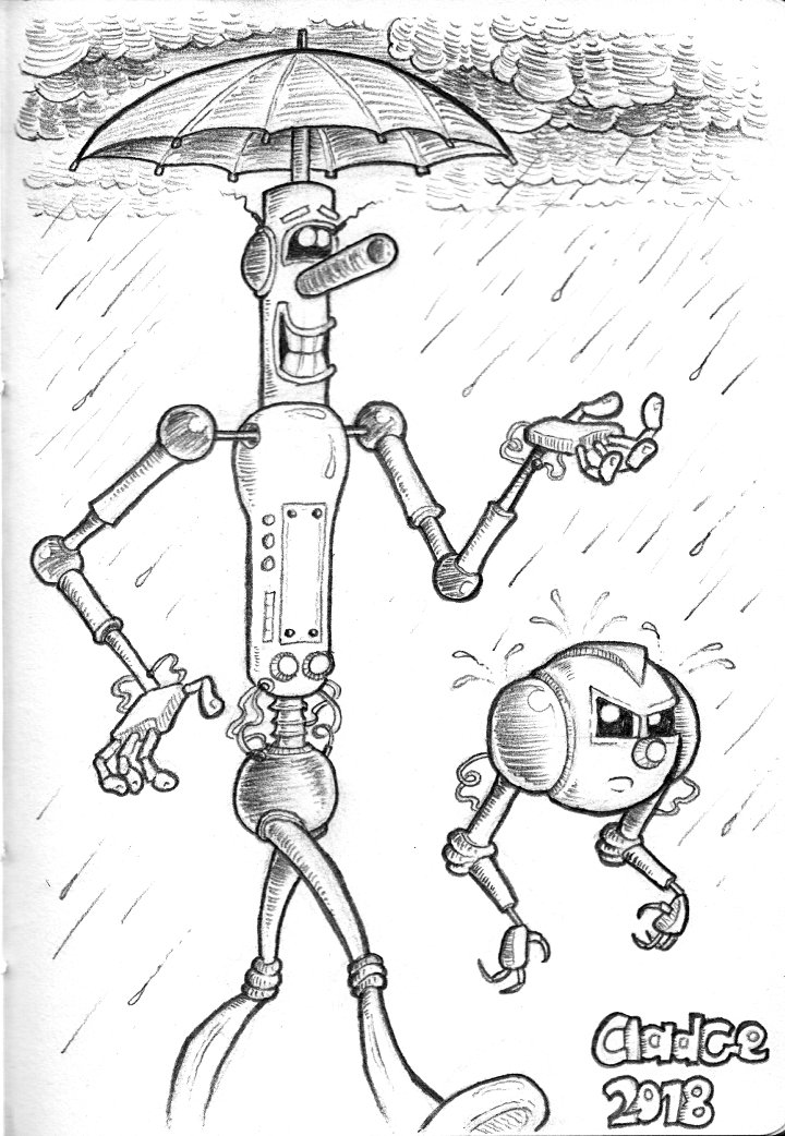 'Brollybot couldn't understand why his pal got so moody on these glorious, rainy days.'

@SatScribbles #saturdayscribbles #weather #robots #sciencefiction #sketch #sketchbook