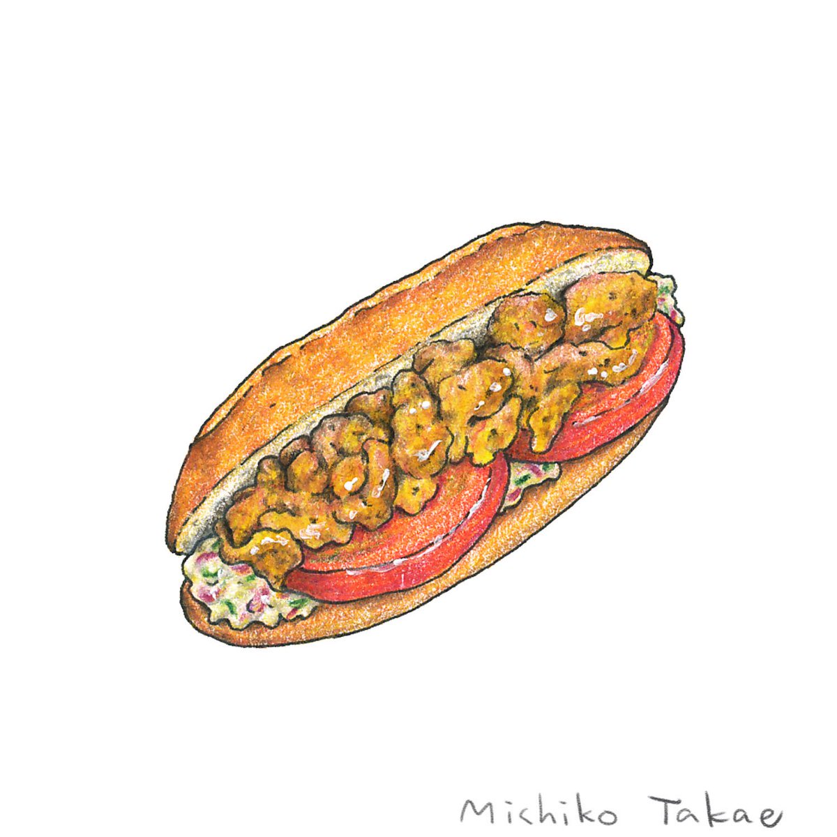 たかえみちこ A Twitter シャンパーニュ風カスクルート 旨みのあるバゲットにタンドリーチキンやトマト エシャロットとあさつきの香味が爽やかなクリームソースをサンド フードイラスト 食べ物イラスト イラスト 食べ物 Illustration Food Foodart Yummy