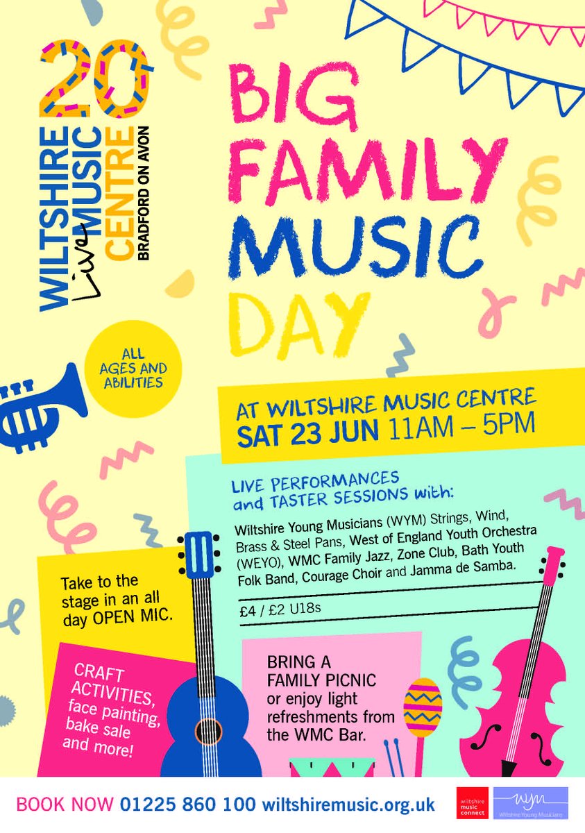 wiltshiremusic's tweet photo. This summer we are holding a BIG FAMILY MUSIC DAY!
Come along to try new instruments, take part, and discover how YOU can make music all year at WMC.
Book now: https://t.co/V4NWjiVvwi 
#BigFamilyMusicDay #BFMD #WMC20 #summeratWMC https://t.co/G6fLl2fjJd