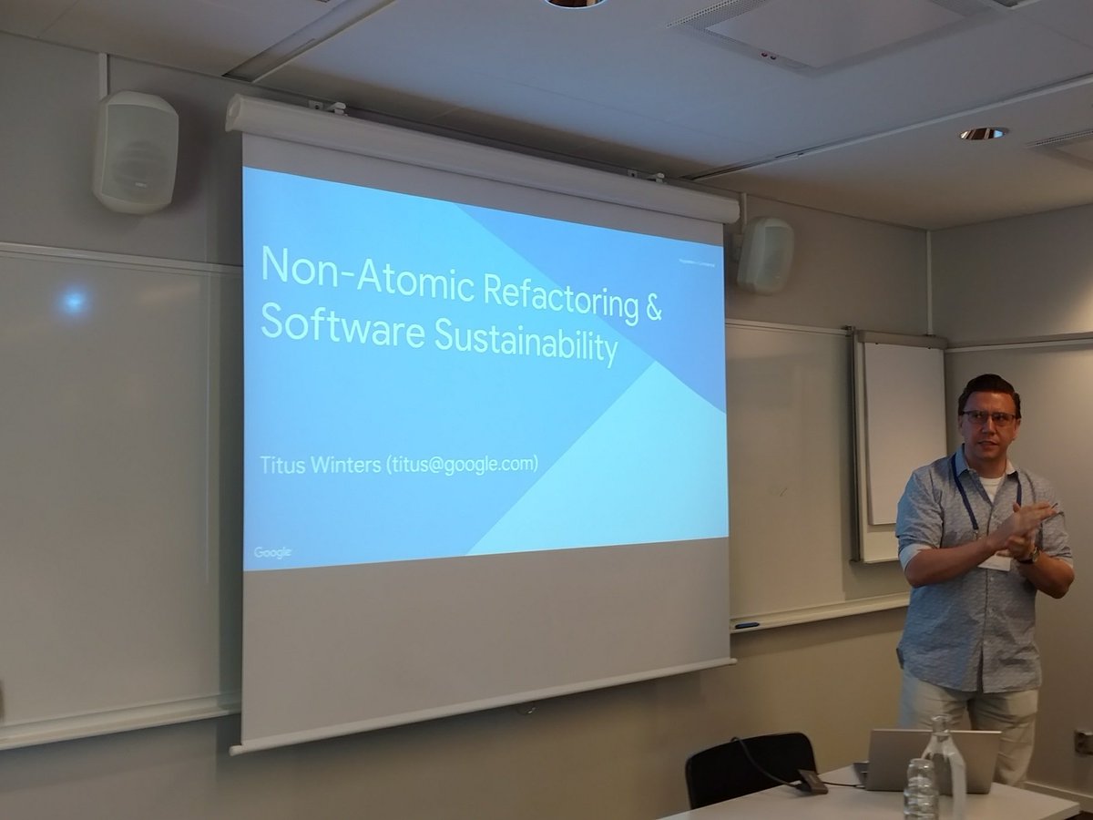 wapi2018's tweet photo. @TitusWinters from @Google talking about non-atomic #refactoring and software sustainability at #wapi18. #icse2018 #ICSE18 https://t.co/ptdb9SGVnL