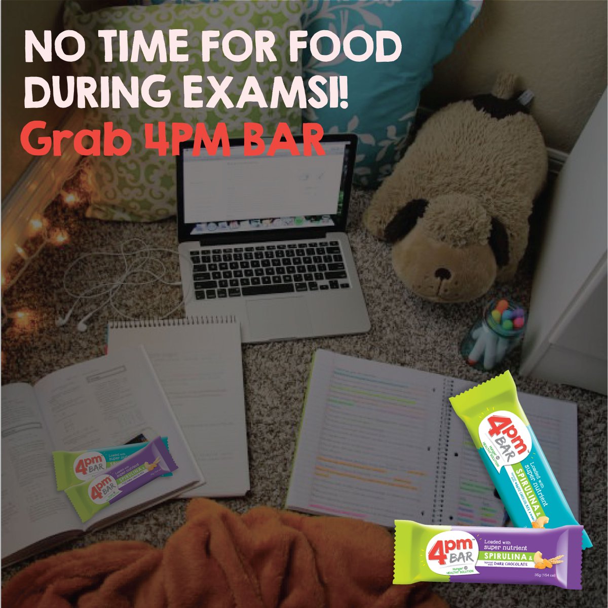 Student + Dying = Studying. You won't feel the pressure when you have 4pm bar with you. Your exam companion!! Pre-order now at: catapooolt.com/4pmbar
#studying #exams #4pmbar #healthy #nutrition #hunger #chewthenew #spirulina #energybar #balanceddiet
4pmbar.com