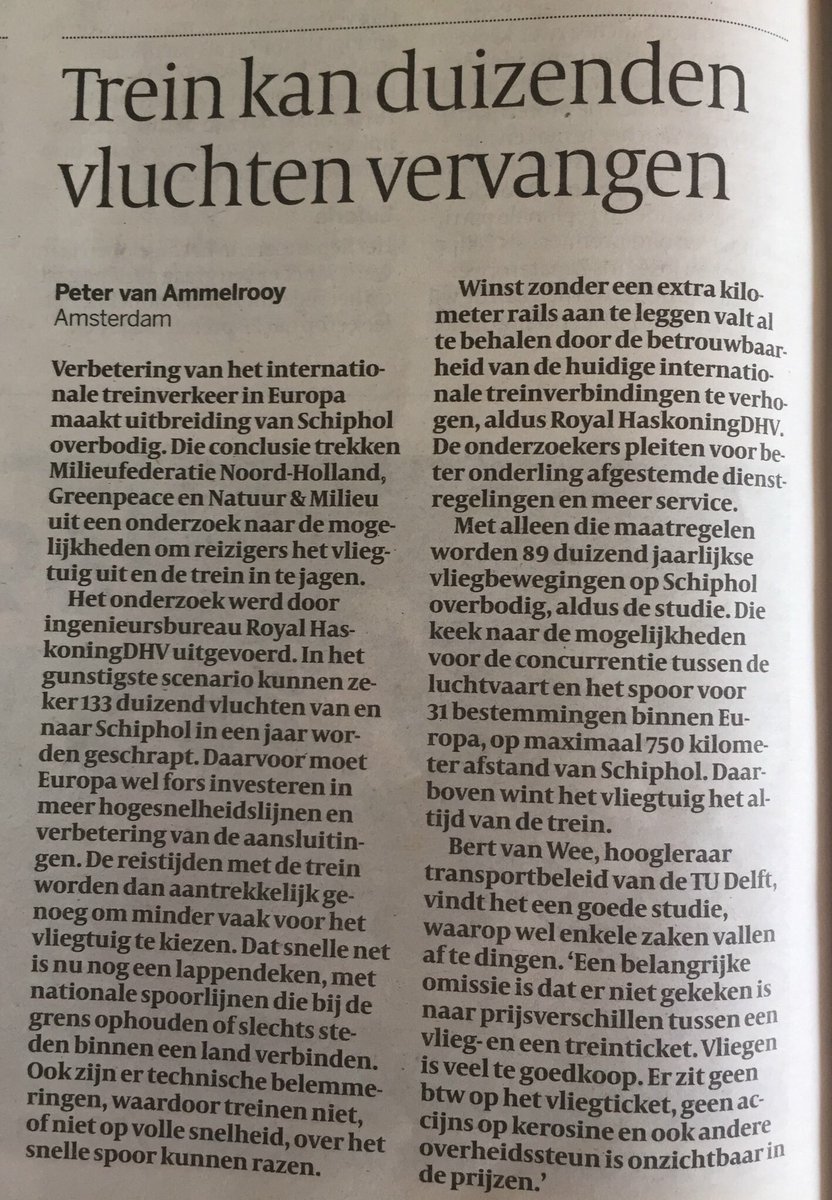NRC: ‘Verbetering van het internationale treinverkeer in Europa maakt uitbreiding Schiphol overbodig.’ Volgens @RHDHV_NL kunnen wel 133.000 vluchten per jaar worden geschrapt.