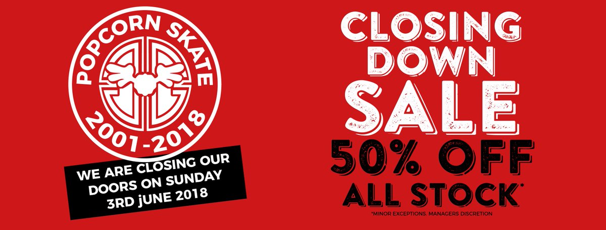 popcornskate's tweet photo. YOU ONLY HAVE UNTIL TOMORROW! 

We are shutting our doors tomorrow. You have today and tomorrow to get yourself to Popcorn and grab a bargain in our 50% off closing down sale! HURRY! https://t.co/KzLw8juAZ6