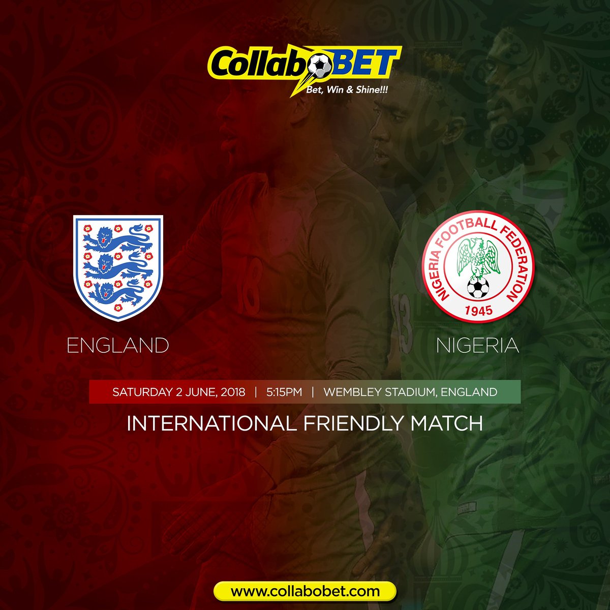 CollaboBet's tweet photo. #ThreeLions of #england vs #ngsupereagles #ng #supereagles of #Nigeria in wembley.
.
#fifaworldcup #russia2018 #collabobet #bet #win #shine #sports #betting #football #june #12daystogo
.
Ff @collabobet & SignUp 👉 https://t.co/NNf1brJULy 4 #bestodds #FastestPayout #highestbonus https://t.co/nC1G3ZOupy